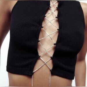 ZARA NWT Black Seamless Rhinestone Jewel Lace-Up Tank Top
